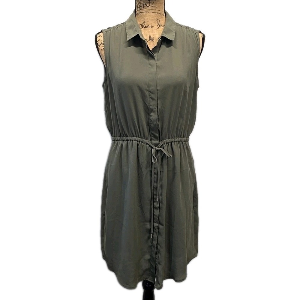 Mossimo XL Olive Shirt Dress Sleeveless Tie Waist Button Front Utility Chic Boho